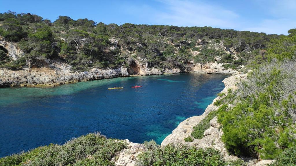 Vista panorámica de una cala con aguas cristalinas y dos kayaks, rodeada de vegetación y acantilados en la costa de Calviá.