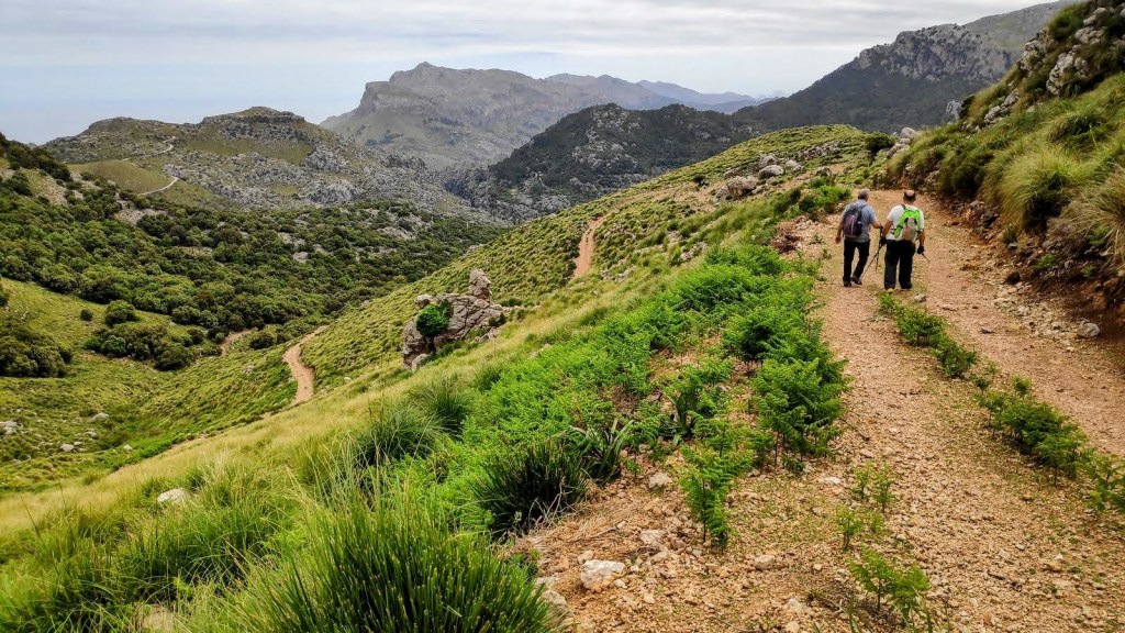 Dos personas caminando por un sendero en una zona montañosa con vegetación densa y montañas al fondo. El paisaje muestra un entorno natural con colinas y un cielo nublado.