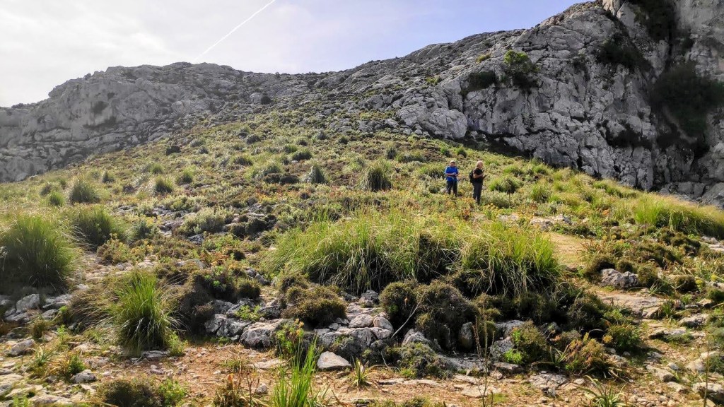 Dos excursionistas caminando por un paisaje montañoso y rocoso, con hierba alta y formaciones rocosas en el fondo.