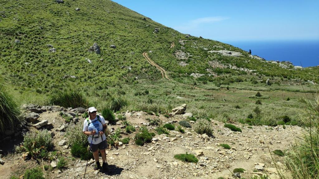 Sendero montañoso con vegetación abundante y un caminante en primer plano.