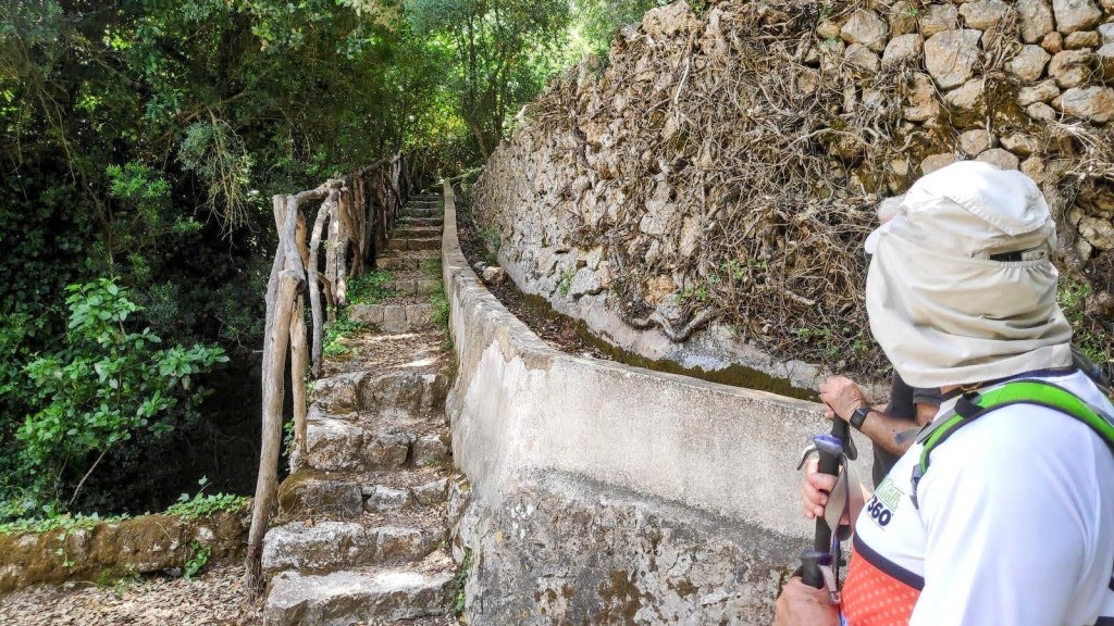 Sendero de piedra rodeado de vegetación, con un caminante sosteniendo un bastón, en un área montañosa de Mallorca.
