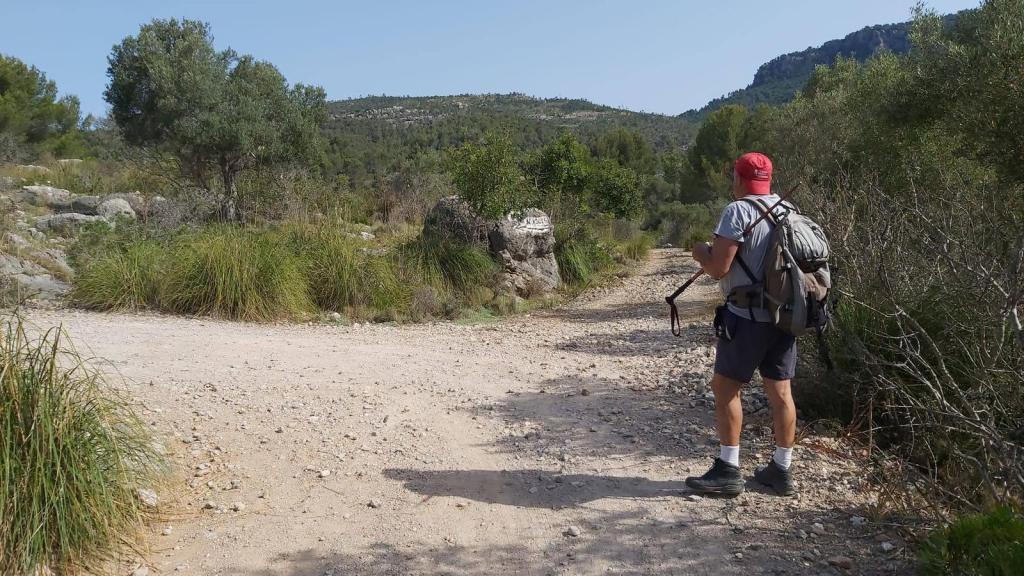 Hombre de espaldas con mochila en un camino rural rodeado de vegetación en la ruta "Esporles - Port del Canonge - Banyalbufar".