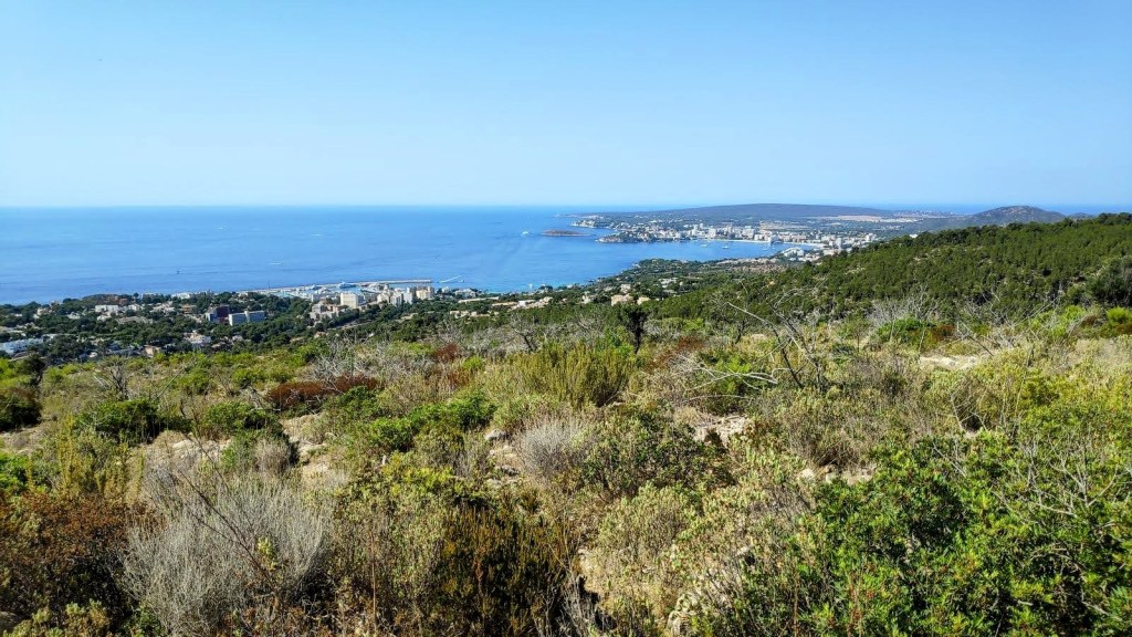 Vista panorámica de la costa desde la ruta 'Serra de les Pasteretes', mostrando el mar y áreas verdes en primer plano.