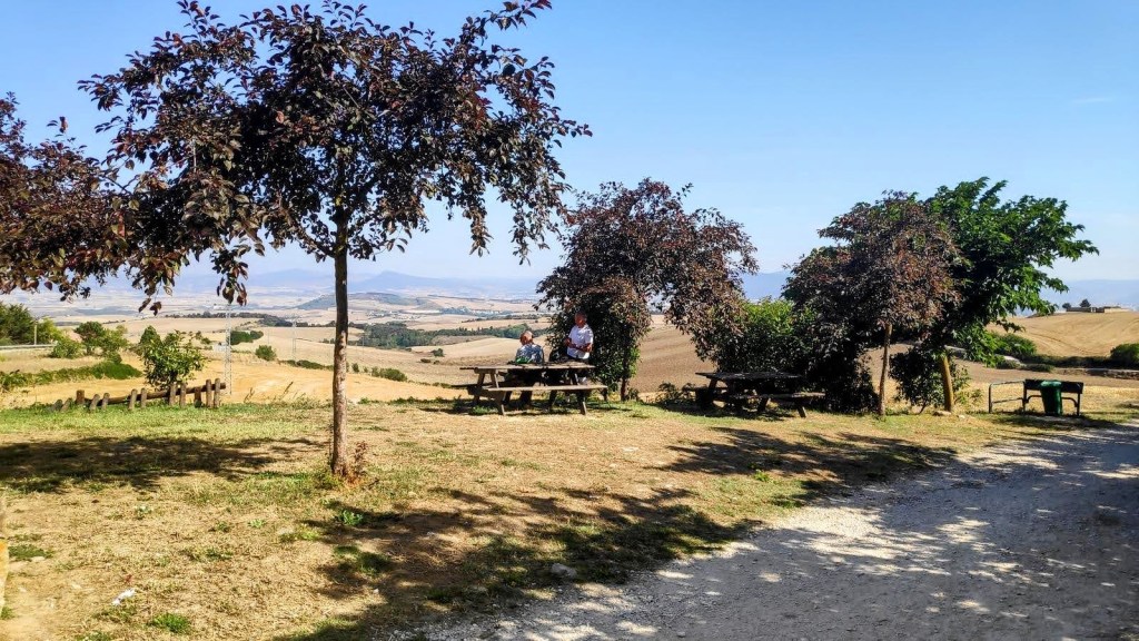 Vista panorámica desde un área de descanso en el campo, con mesas de picnic bajo árboles, y un paisaje de colinas y campos en el fondo.