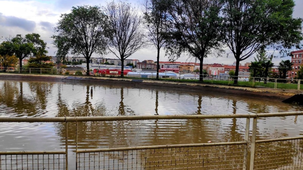 Vista del Parque San Miguel con árboles en primer plano y edificios de fondo, reflejándose en el agua.
