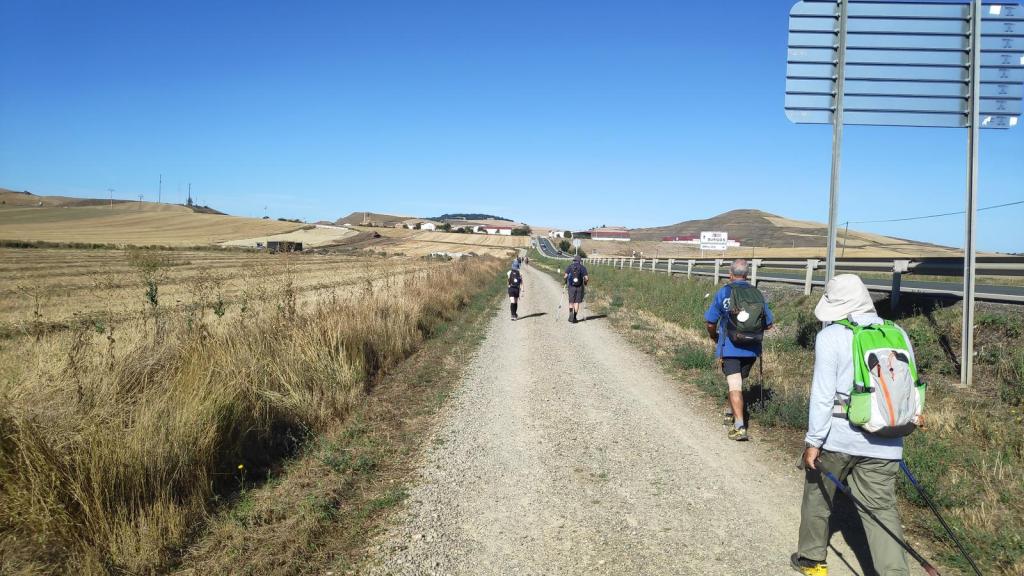 Grupo de peregrinos caminando por un camino rural en la ruta 'Etapa 10: Santo Domingo-Belorado' del Camino de Santiago, con campos de cereales a los lados y señalización de tránsito visible.