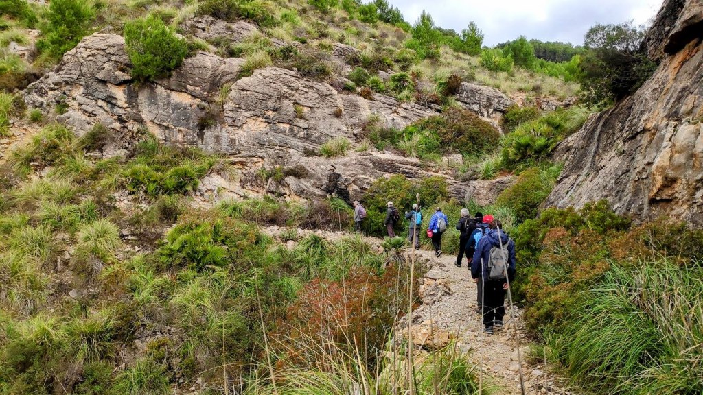 FINCA DE GALATZÓ Y CANALETA DE RATXO - Caminando por Mallorca Grupo de senderistas caminando por un sendero rodeado de rocas y vegetación en la ruta Finca de Galatzó.