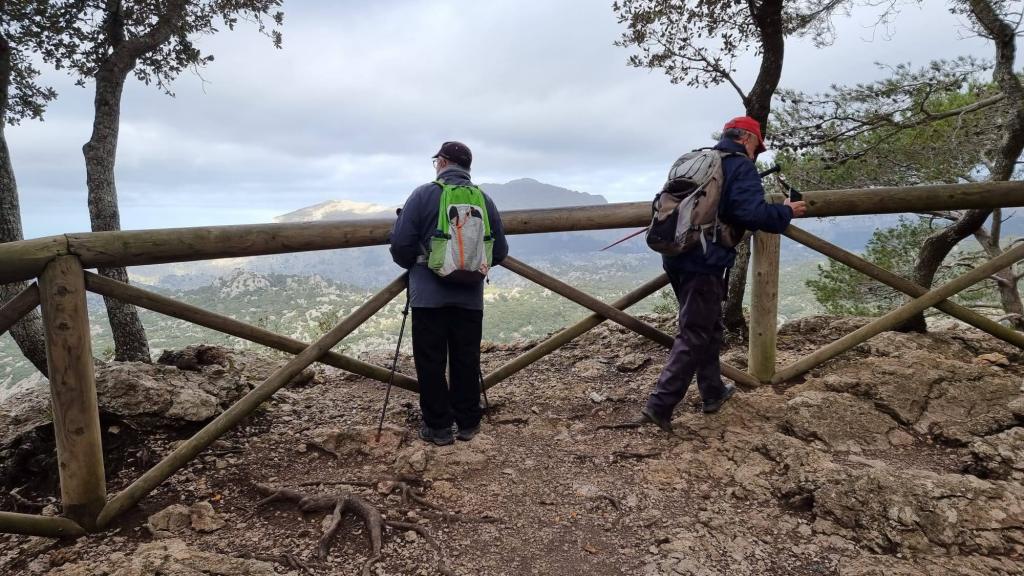 Dos senderistas en un Mirador del Centenari del Fomento, observando el paisaje montañoso y rodeados de árboles.