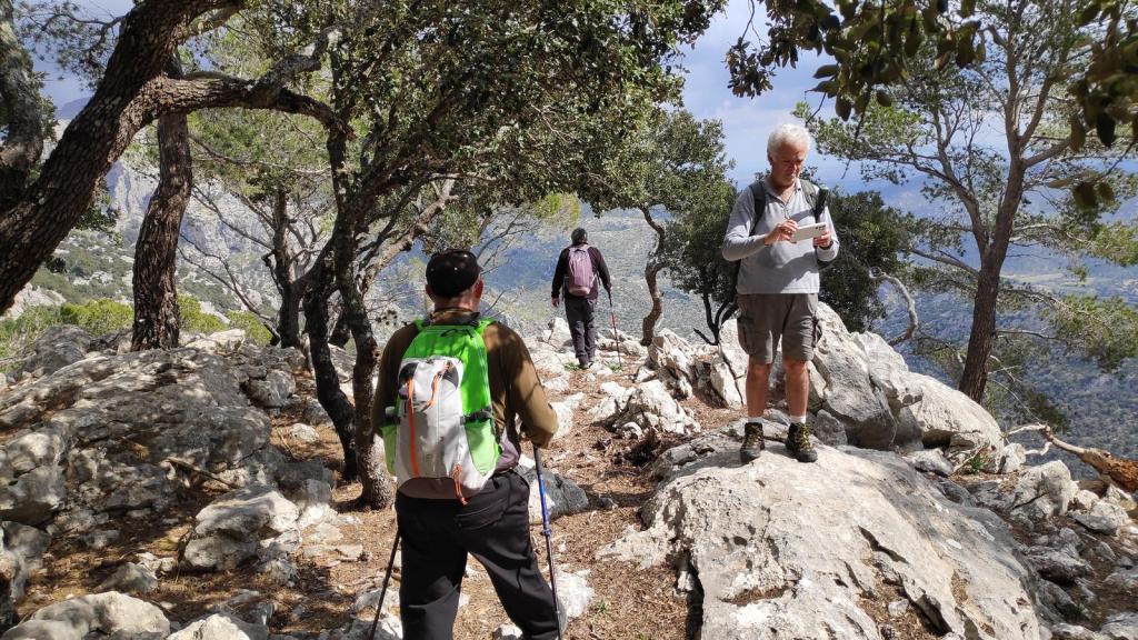 Grupo de senderistas caminando por un sendero rocoso en la Serra d'Amos, rodeados de árboles y vegetación montañosa.
