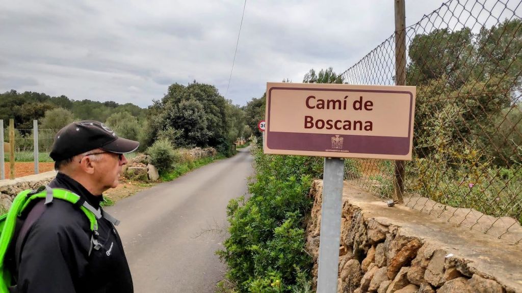 Una persona detenida frente a un letrero que indica el 'Camí de Boscana', rodeada de un paisaje rural con árboles y un camino asfaltado.