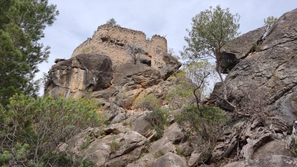 Vista de una torre de defensa medieval en ruinas, situada en la cima de un peñasco, rodeada de vegetación y rocas.
