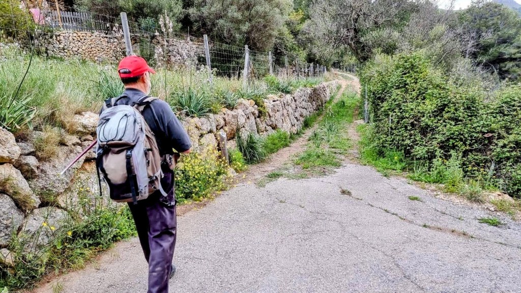 Hombre caminando por un camino rural, con un muro de piedra a la izquierda y vegetación a su alrededor, llevando una mochila.
