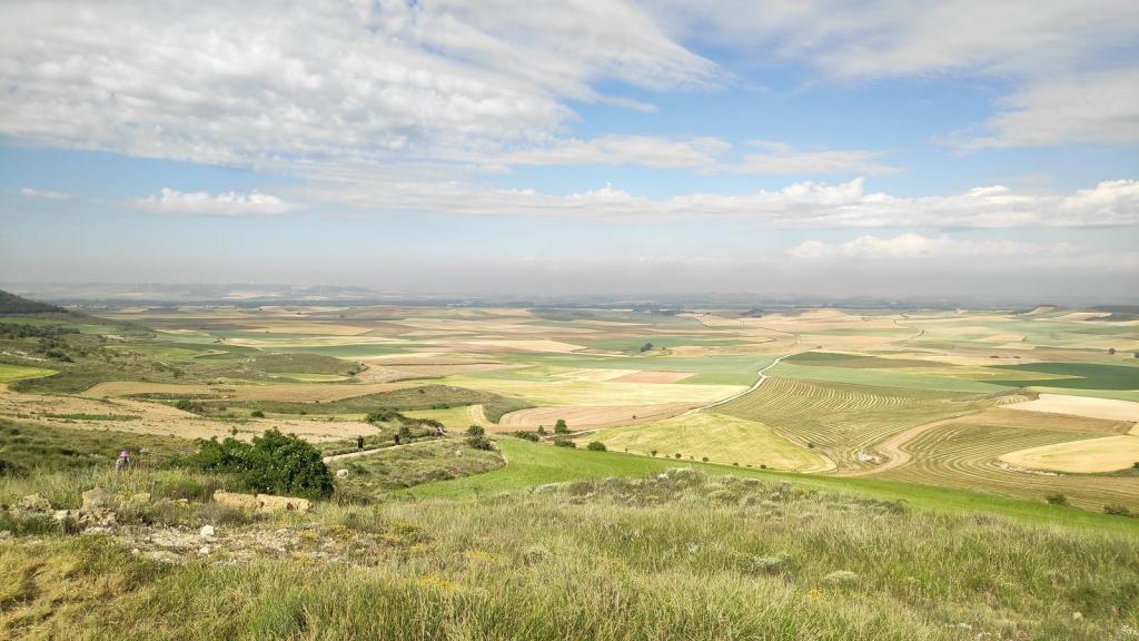 Vista panorámica de la meseta castellana con campos cultivados y un cielo nublado, durante la etapa del Camino de Santiago entre Castrojeriz y Frómista.