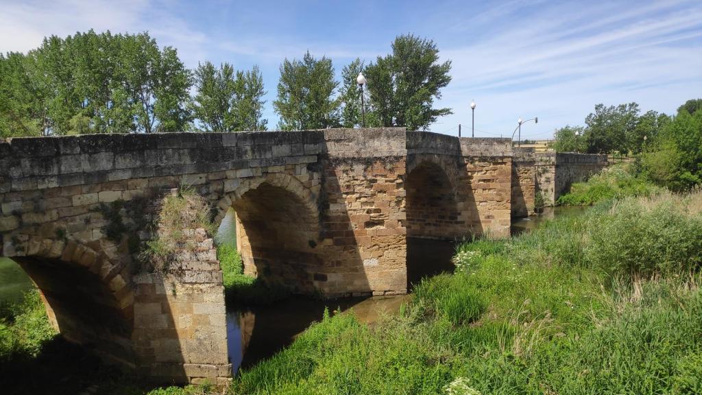 Etapa 18:Ledigos-Bercianos del Real Camino - Caminando por Mallorca Puente de piedra antiguo atravesando un río, rodeado de vegetación y árboles.