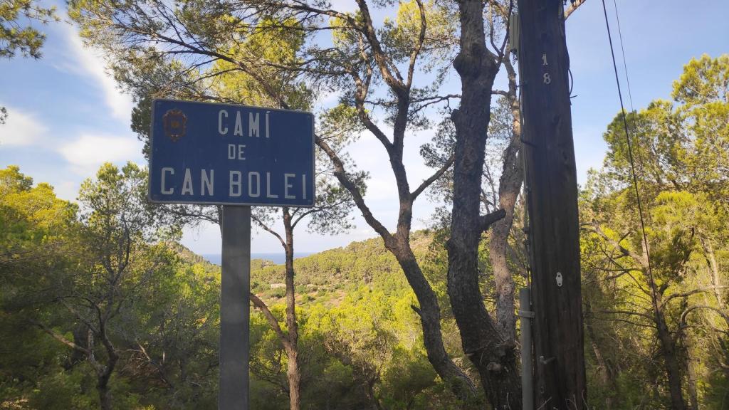 Señal del Camino de Can Bolei en un sendero rodeado de árboles y vegetación, con el cielo visible en el fondo.
