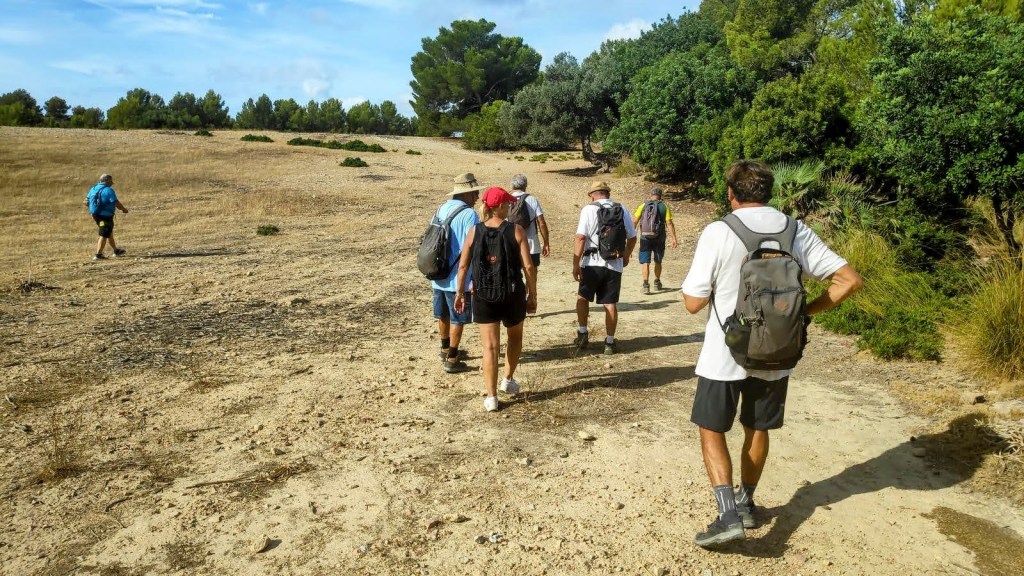 Grupo de senderistas caminando por un sendero amplio y seco rodeado de vegetación natural en una zona montañosa.