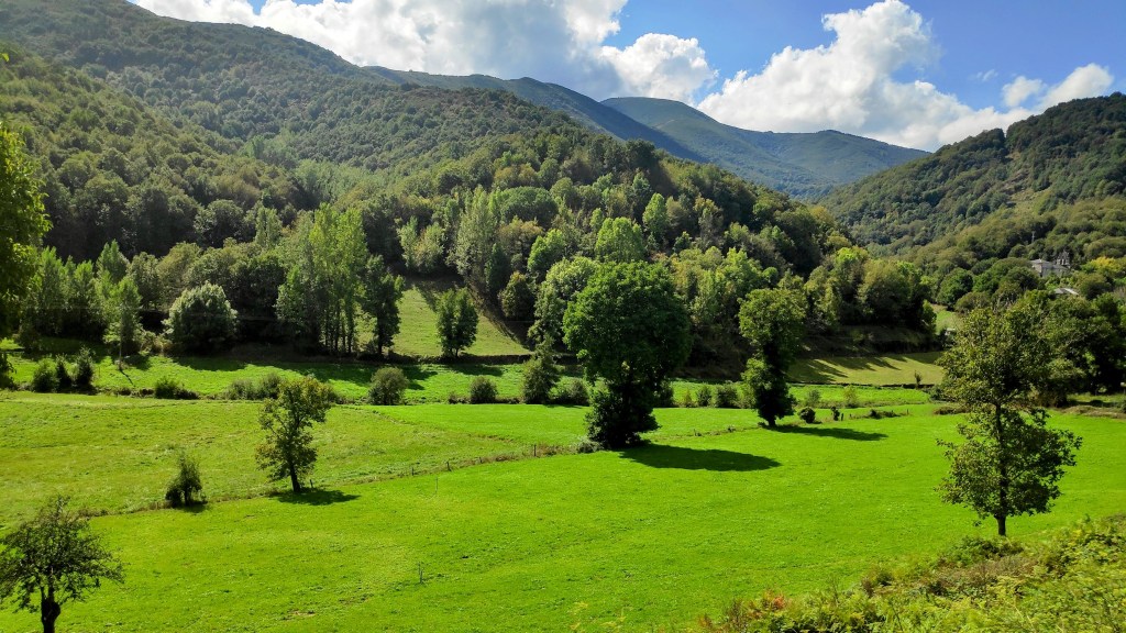 Etapa 26: Villafranca del Bierzo-Cebreiro - Caminando por Mallorca Paisaje montañoso con prados verdes y árboles en el Camino de Santiago, mostrando un día soleado con nubes dispersas.