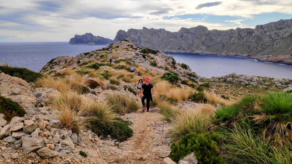 Sendero en la ruta 'Puig de l’Águila' con paisajes montañosos y vistas al mar, donde excursionistas caminan entre vegetación y rocas.