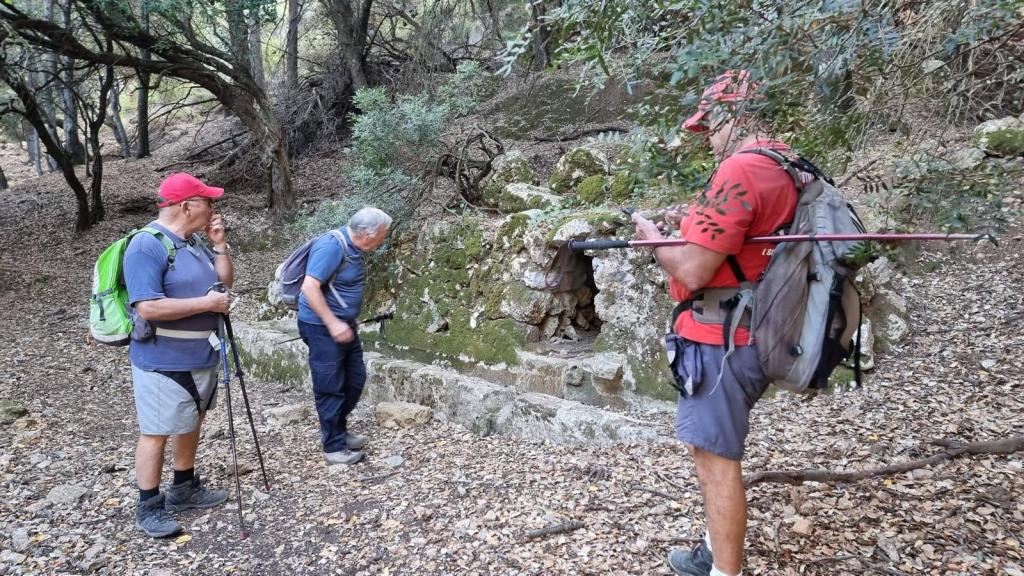 Puig de Galatzó por el Coll d’Estellencs - Caminando por Mallorca Tres senderistas observan Sa Font de Dalt, en un entorno natural del bosque, con árboles y hojas caídas alrededor.