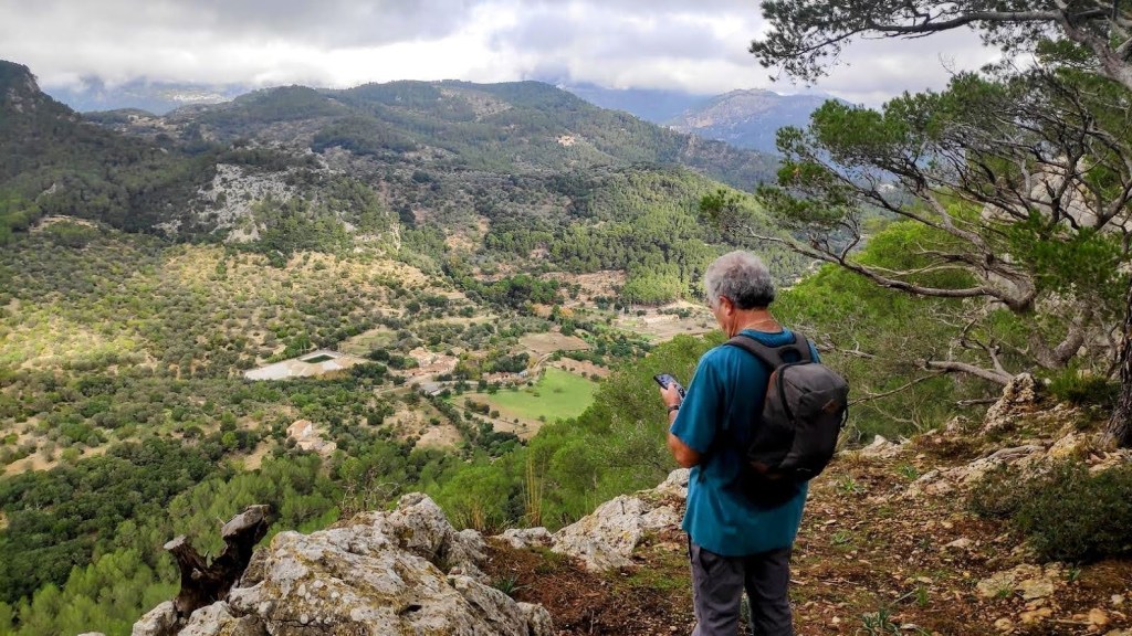 Una persona de pie en el Mirador del Penyal Gros, mirando un dispositivo móvil mientras disfruta de la vista panorámica de un paisaje montañoso y verde, con árboles y edificios visibles en el fondo.
