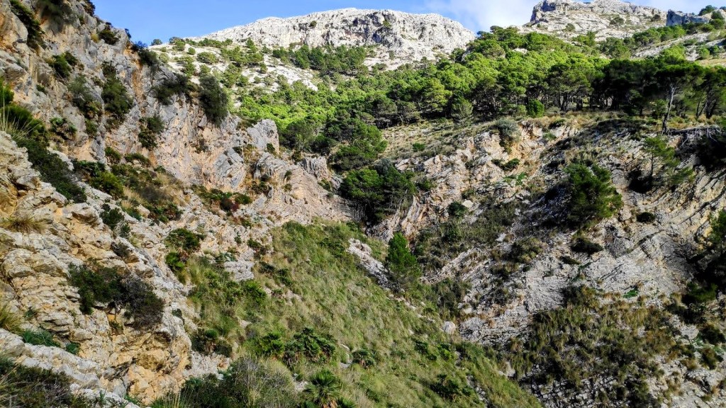 Vista de un valle montañoso en la ruta Puig de los Avencs-Coma Clova, con formaciones rocosas y vegetación densa.