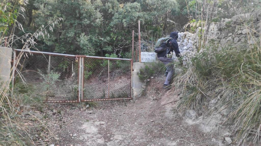 Mola de Son Pacs: Pasos - Caminando por Mallorca Hombre escalando una cerca de metal en un bosque, con un letrero que indica 'Coto Privado de Caza'.