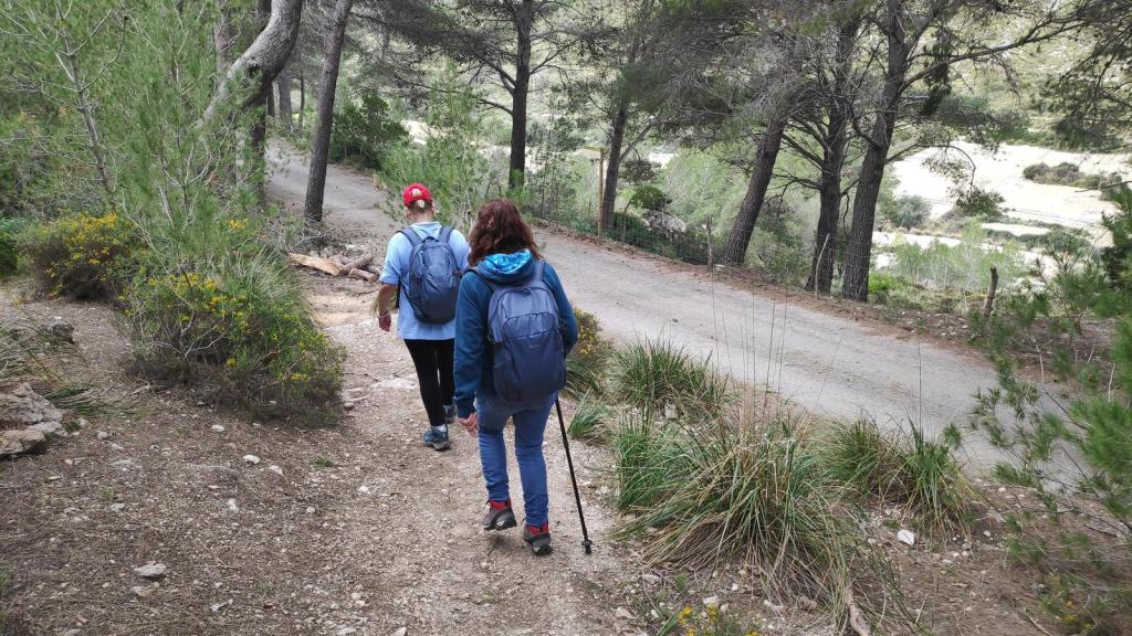 Dos senderistas caminando por un sendero en un bosque, rodeados de árboles y vegetación en la ruta hacia el Puig del Porrassar.