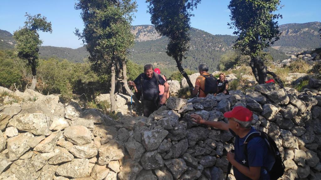 Grupo de senderistas en un camino rodeado de vegetación y un antiguo muro de piedra en el recorrido de la ruta 'Morro de sa Bombarda'.