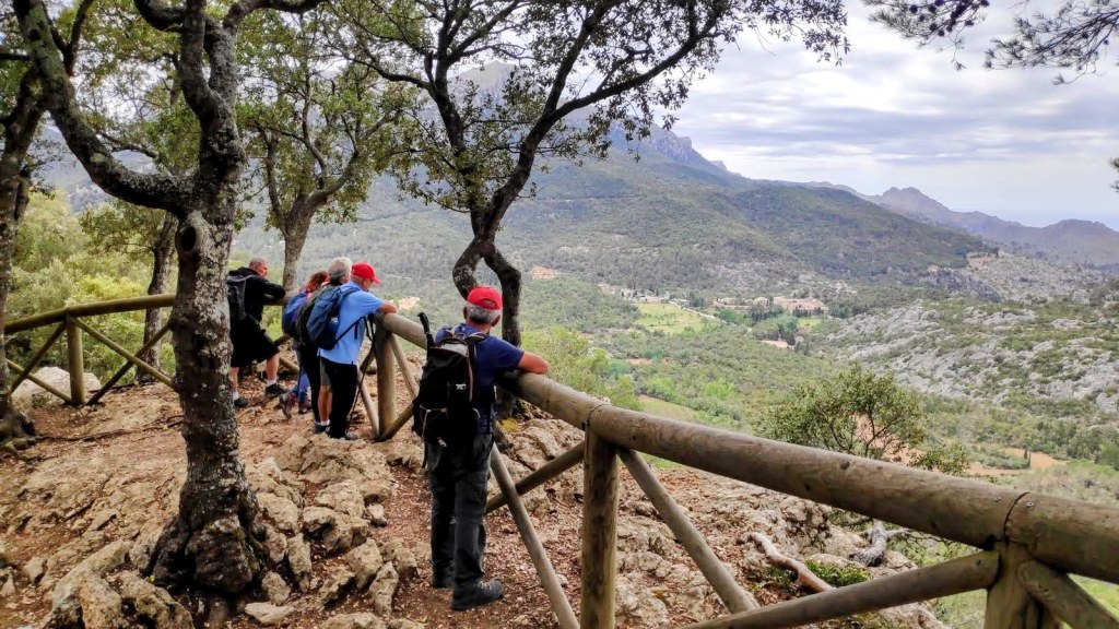 Grupo de personas en el Mirador del Centenari del Fomento, observando el paisaje montañoso y el valle desde un cercado de madera, rodeados de árboles.