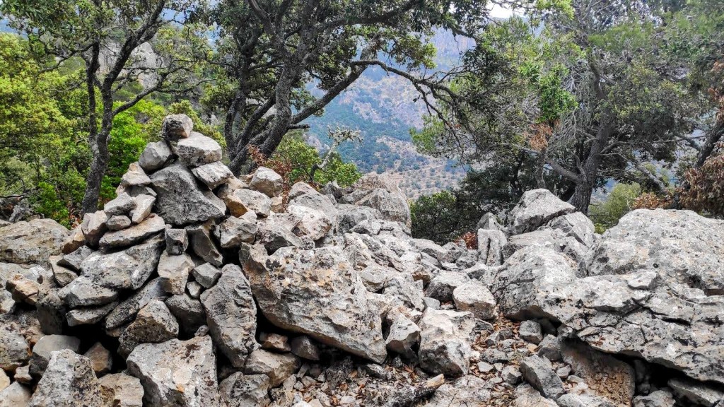 Moleta de Pastoritx desde Valldemossa - Caminando por Mallorca Vista de un hito de piedras en la cima de la Moleta de Pastoritx, rodeado de árboles y un paisaje montañoso al fondo.