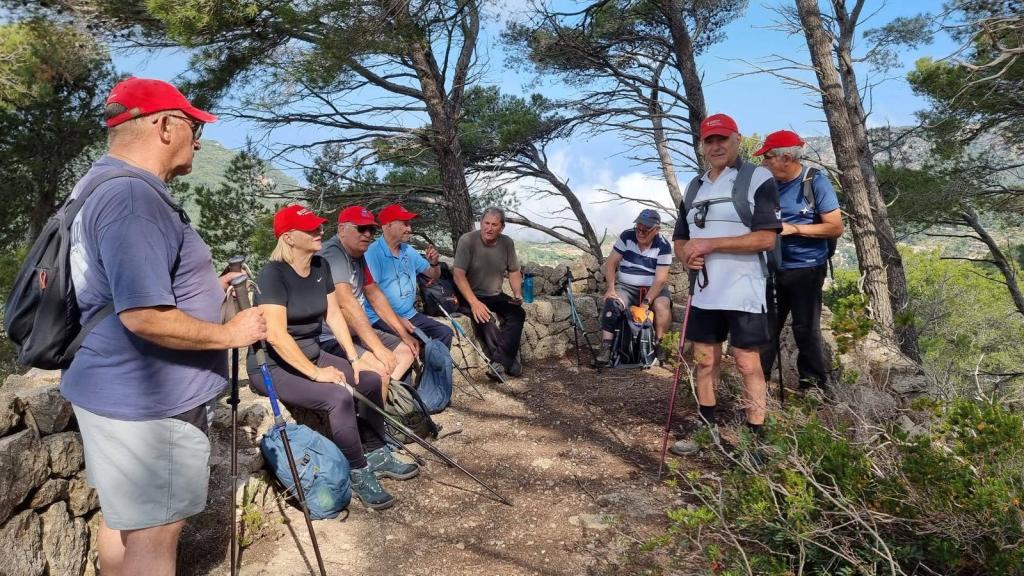 Moleta de Pastoritx desde Valldemossa - Caminando por Mallorca Grupo de excursionistas en el Mirador d'Es Mirabó', rodeados de árboles y naturaleza.