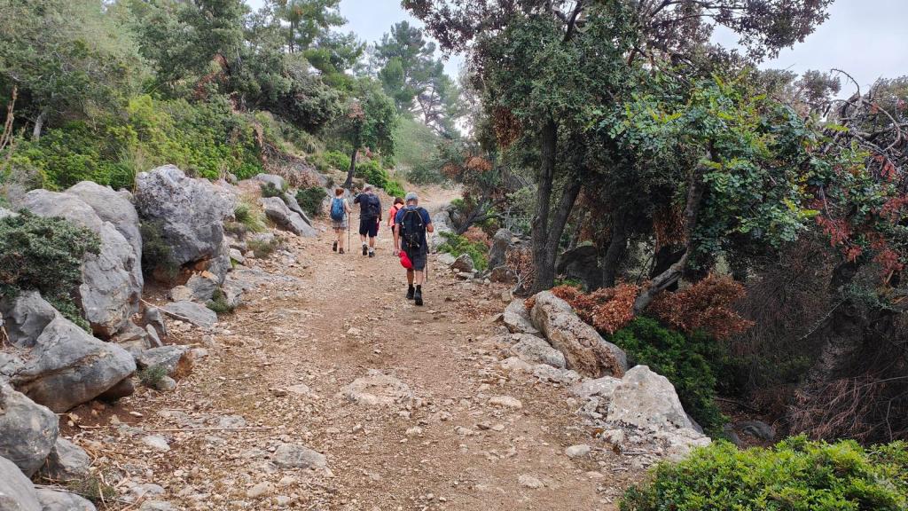 Grupo de personas caminando por un sendero rocoso rodeado de vegetación en la ruta hacia el Mirador de ses Barques en Fornalutx.