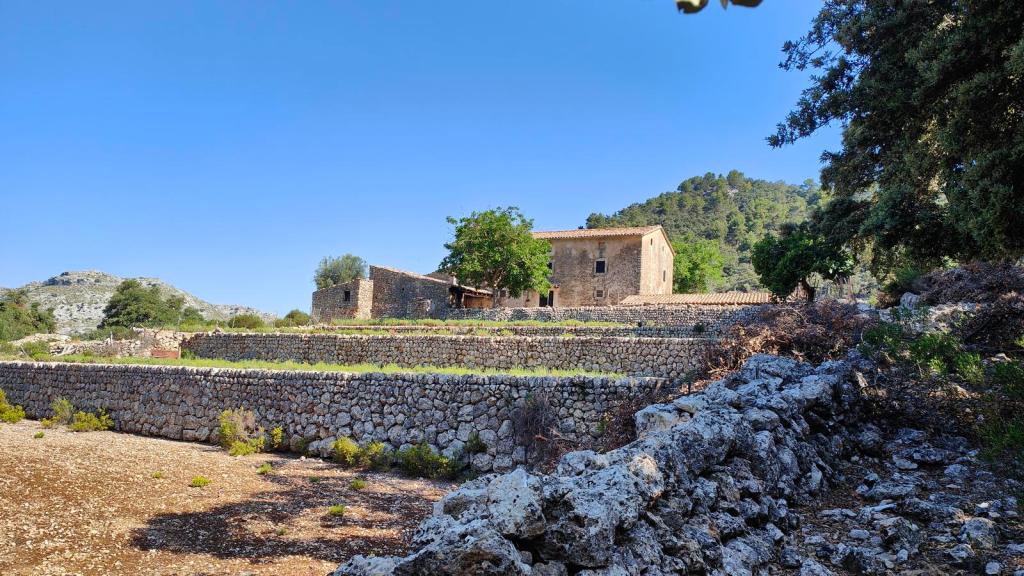 Vista de las Casas Velles de Son Nebot en un entorno natural, rodeada de muros de piedras y vegetación, con montañas al fondo y un cielo azul despejado.