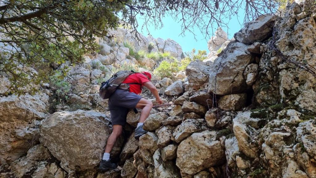 Una persona escalando por una pendiente rocosa en un entorno natural, con vegetación y rocas alrededor.