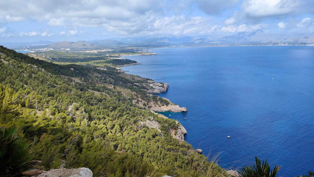 Vista panorámica de la costa con vegetación y el mar al fondo, capturada desde un mirador en la ruta hacia la Penya Roja.