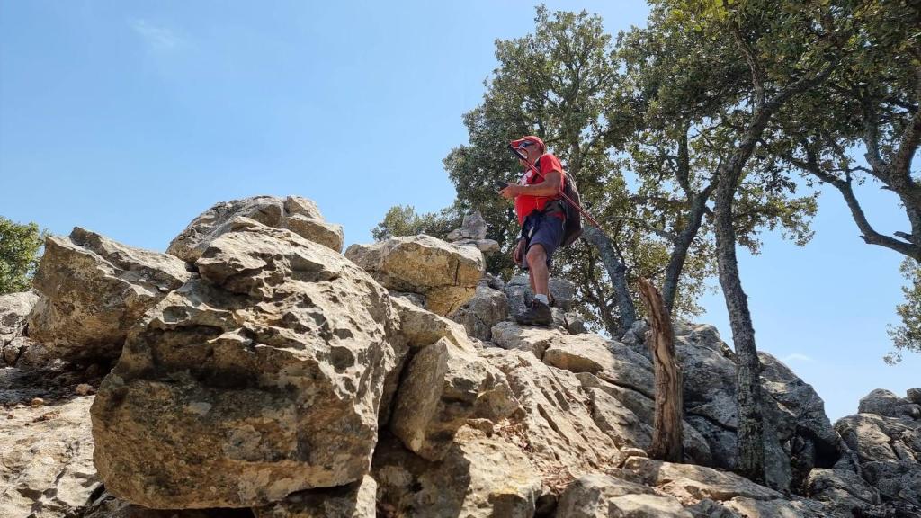Una persona de pie sobre rocas en un paisaje montañoso, rodeada de árboles y un cielo azul claro.