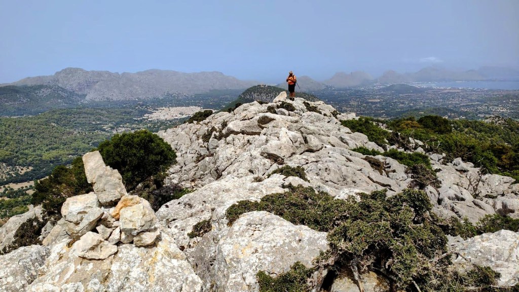 Vista panorámica desde la cima de una montaña rocosa, con un senderista en la cima y un paisaje verde y montañoso de fondo.