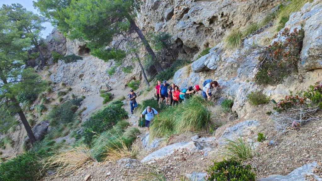 Grupo de personas subiendo por un sendero rocoso en la ruta Coll de Cala Ferrera, rodeados de vegetación y árboles.