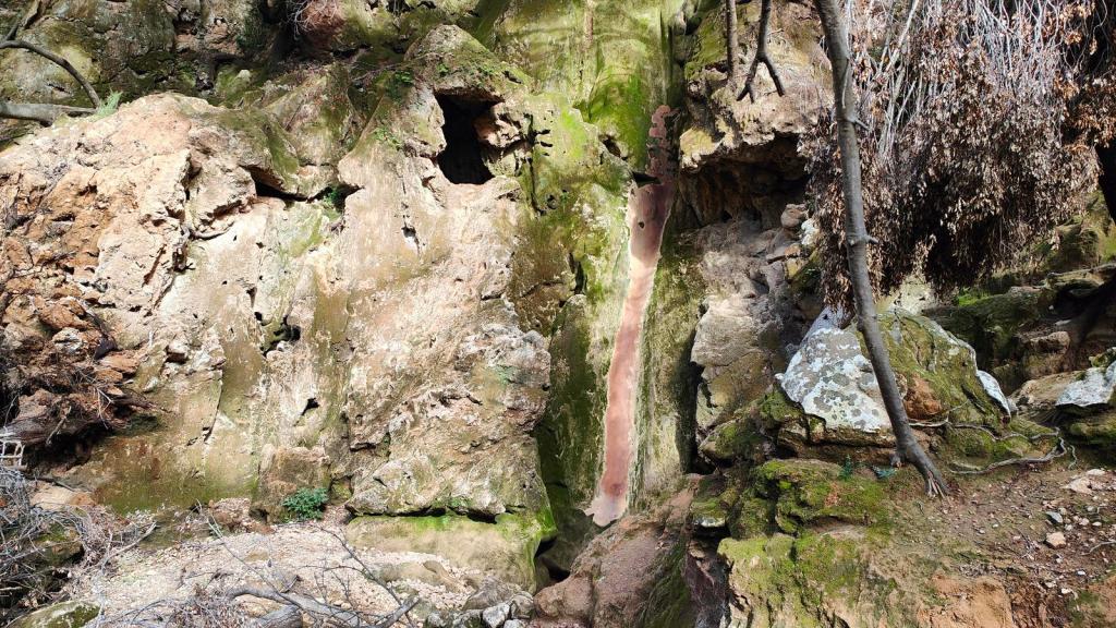 Vista del Salt des Freu, con manchas de musgo y una abertura en la roca.