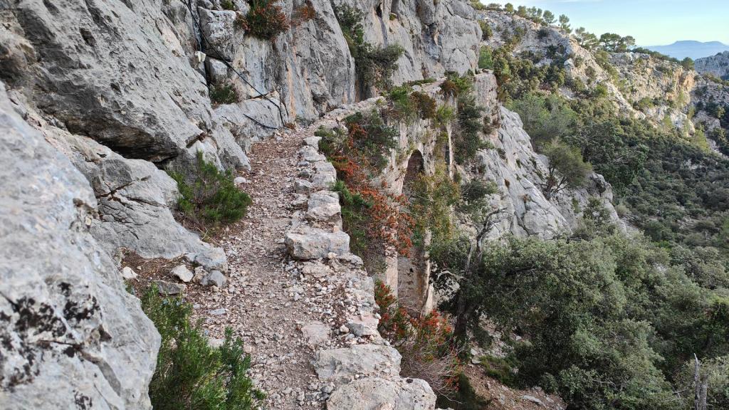 Sendero estrecho y rocoso junto a un acantilado, con vegetación en los lados y un paisaje montañoso al fondo.