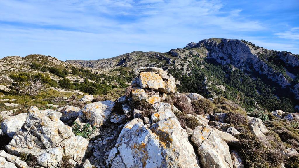 Puig Caragolí por el Paso del Coconar - Caminando por Mallorca Vista panorámica desde la cima del Puig dels Boixos, mostrando un paisaje montañoso y un cielo azul claro.