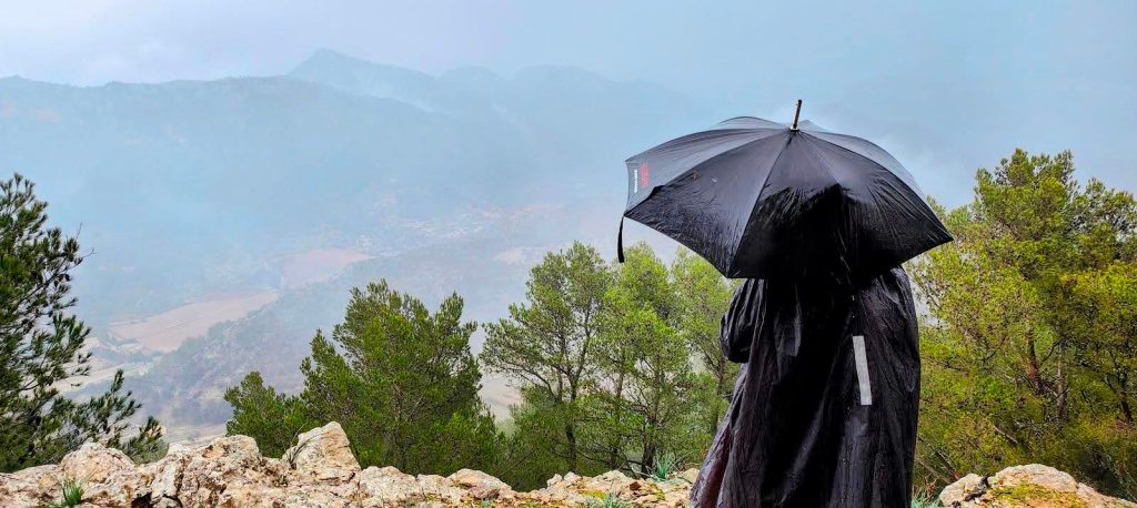 Persona con paraguas negro de pie en una zona montañosa con niebla y árboles verdes de fondo.