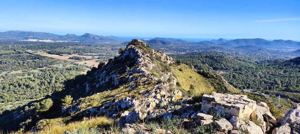 Vista panorámica desde la cima del Puig des Tressor, mostrando un paisaje montañoso y rural con vegetación densa y un cielo despejado.