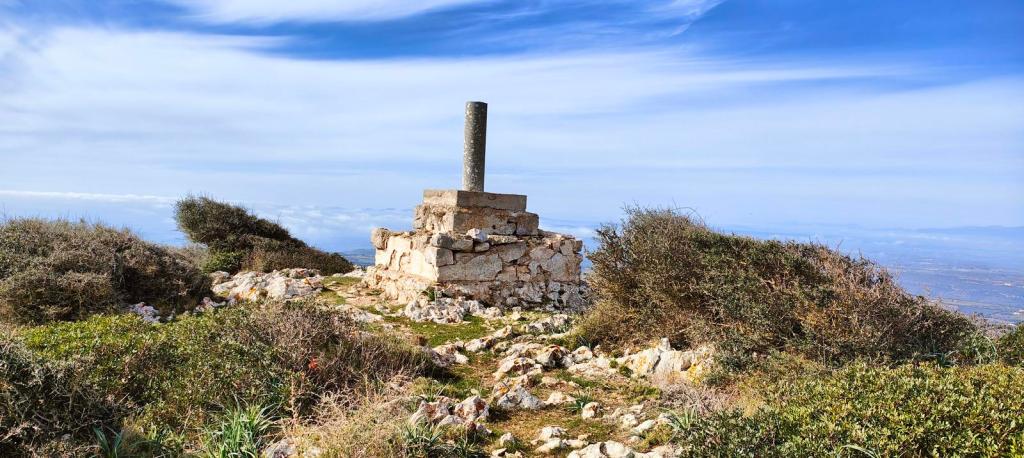Vista del vértice geodésico en la cima del Puig de Calicant, rodeado de vegetación y rocas, con un cielo azul despejado.