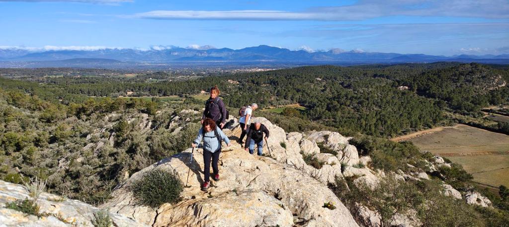 Grupo de personas ascendiendo por una superficie rocosa en la ruta del Puig de ses Bruixes, con vistas panorámicas de la vegetación y montañas de Mallorca al fondo.