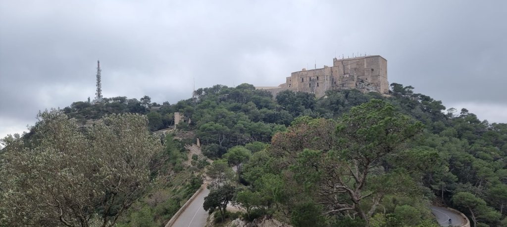 Vista del castillo en la cima de una colina rodeada de árboles y un sendero que serpentea por el paisaje, bajo un cielo nublado.