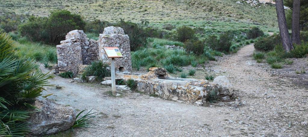 Puig Batiat-Cadira del Bisbe-Es Moletó - Caminando por Mallorca Vista de un antiguo pozo de agua y una construcción de piedra en un entorno natural con vegetación. Se observa un cartel informativo junto al pozo, que está rodeado de hierba y arbustos.