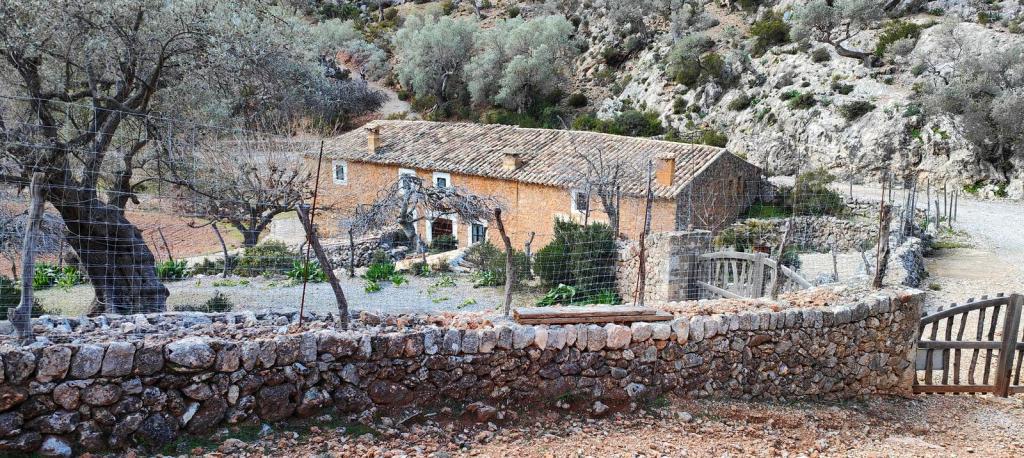 Vista de una casa rural en Mallorca, rodeada de vegetación y un muro de piedra. Se aprecian árboles alrededor y un camino de acceso al lugar.