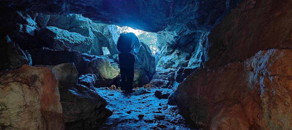 Entrada a una cueva, con un sendero rocoso iluminado por la luz que entra desde el exterior.
