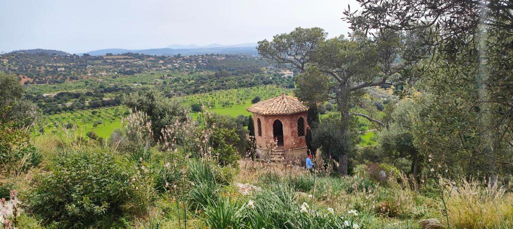 Vista de un mirador de estilo árabe en medio de un paisaje verde y montañoso, rodeado de árboles y vegetación.